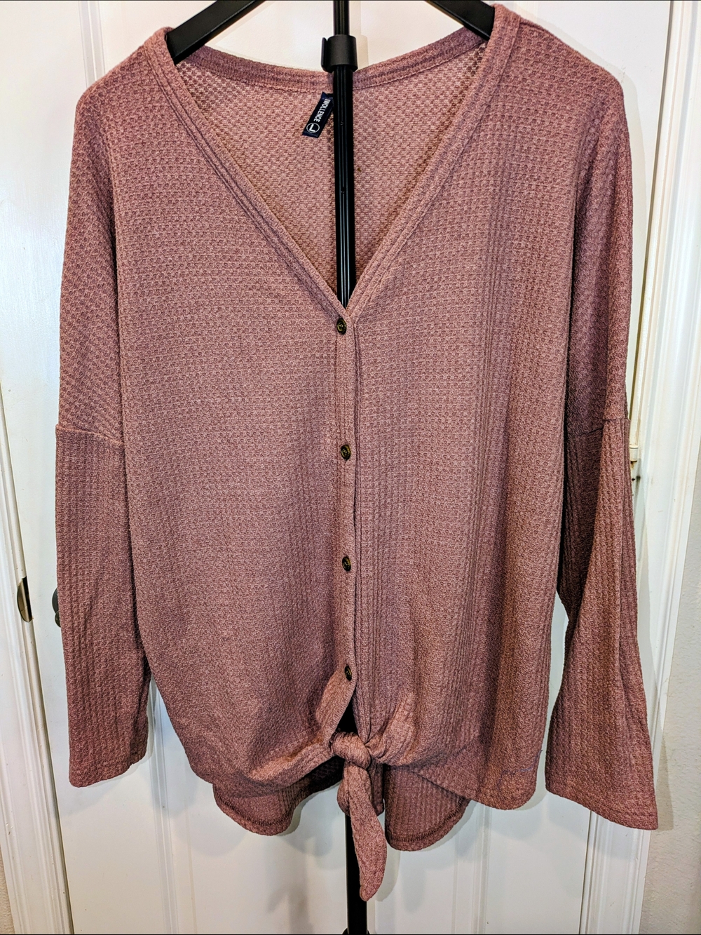 Iwollence Waffle Knit Tie Front Button Front Top Large Dusty Mauve Oversized